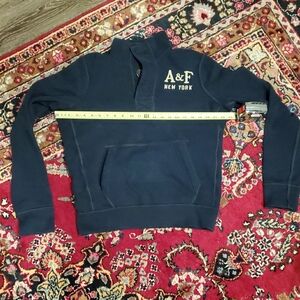 Abercrombie & Fitch Men's Dark Blue Distressed Button Up Sweatshirt - Large